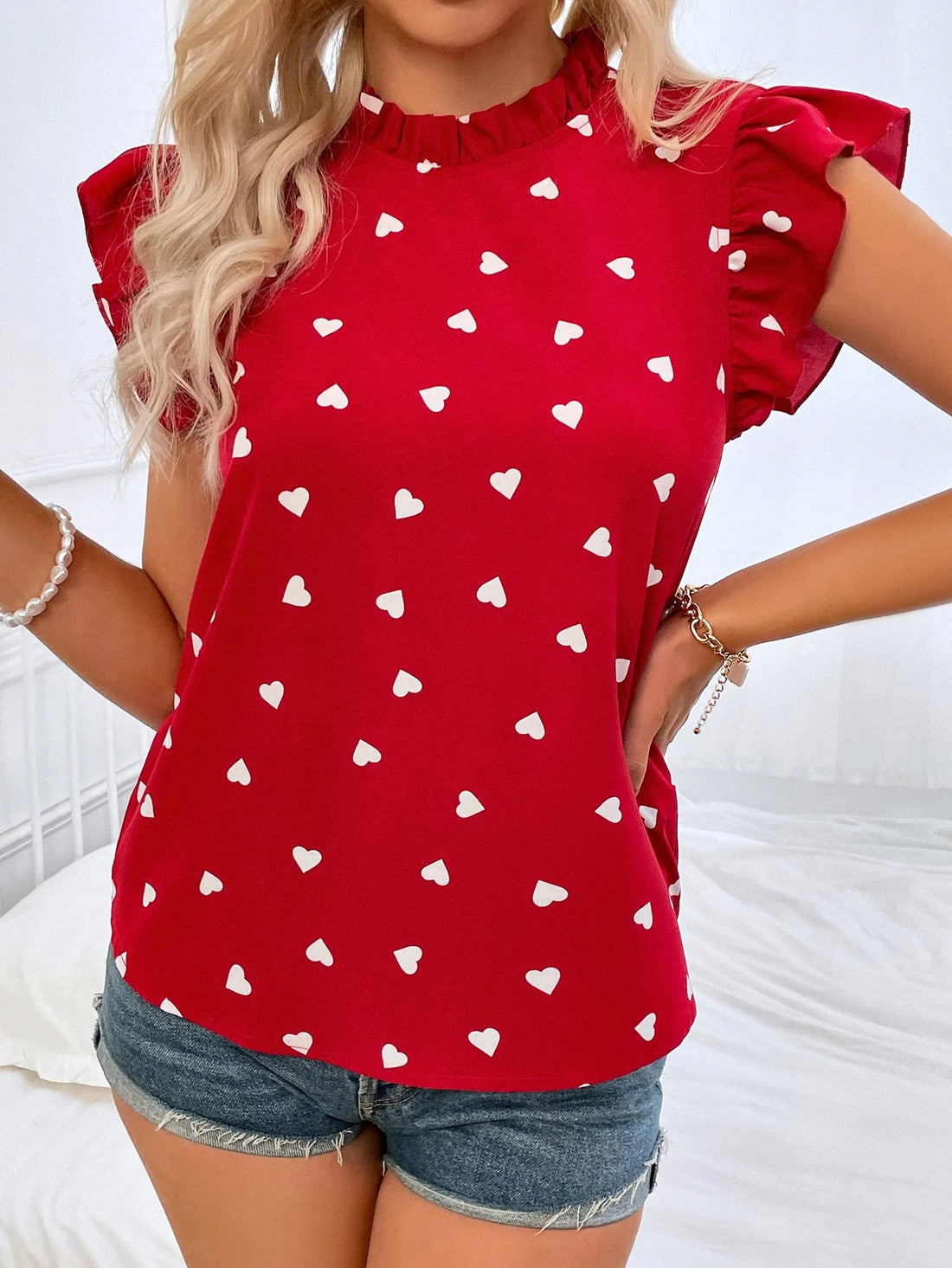 FREYA - HEART PRINT RUFFLE TRIM BLOUSE