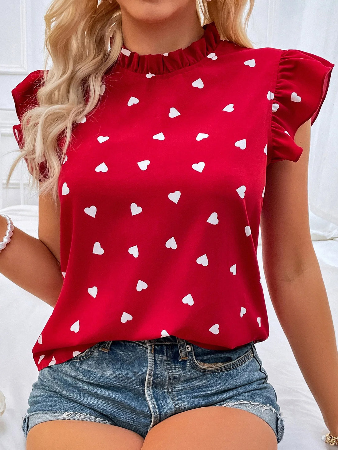 FREYA - HEART PRINT RUFFLE TRIM BLOUSE