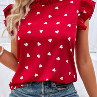 FREYA - HEART PRINT RUFFLE TRIM BLOUSE